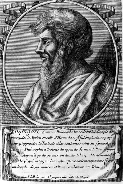Pythagoraan (noin 570 - noin 480 eKr.), kreikkalaisen matemaatikon ja filosofin muotokuva. Kaiverrus 1700-luvulta tekijältä Unknown artist