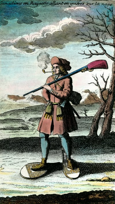 Muotokuva kanadalaisesta lumikengissä sotaan menossa lumella. 1700-luvun kaiverrus. Yksityinen kokoelma. tekijältä Unknown artist