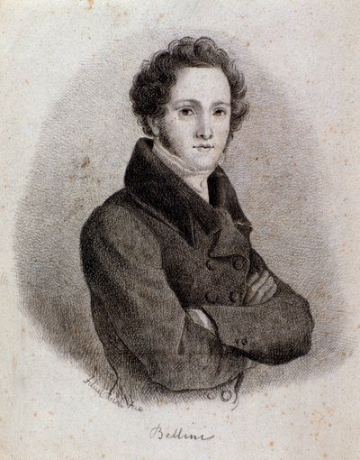 Italialaisen säveltäjän Vincenzo Bellinin muotokuva (kaiverrus. 1800-luku) tekijältä Unknown artist