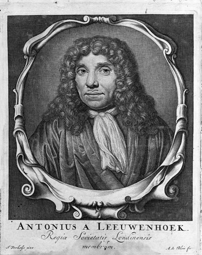 Hollantilaisen kauppiaan ja tutkijan Antoine van Leeuwenhoekin (tai Leeuvenhoek Leeuwenhoeckin) (tai Antoni tai Anthonien) (1632-1723) muotokuva Kaiverrus "Investigatio Arcanorum" -julkaisusta 1722. tekijältä Unknown artist