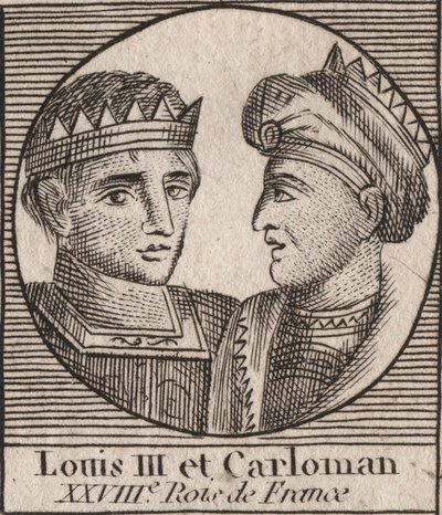 Ludvig III:n (863/65-882), frankkien kuninkaan vuosina 879–882 ja Kaarle II:n (866–884), frankkien kuninkaan, vuodesta 879 Ranskan kuninkaan muotokuvia - kaiverrus kirjasta "Historiaohjeet d tekijältä Unknown artist