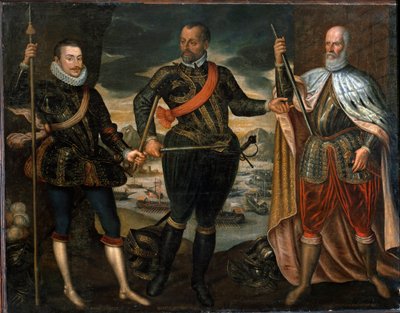 Muotokuvia Marcantonio Colonnasta, Itävallan prinssi Johnista ja dogi Sebastiano Venieristä. Lepanton taistelun voittajat, n. 1571 (maalaus) tekijältä Unknown artist