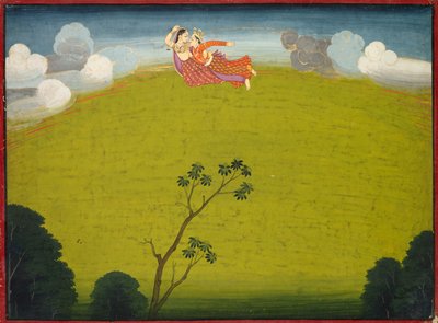 Pradyumna ja Mayavati lentävät Dwarkaan, suuresta Basohli Bhagavata Puranasta tekijältä Unknown artist