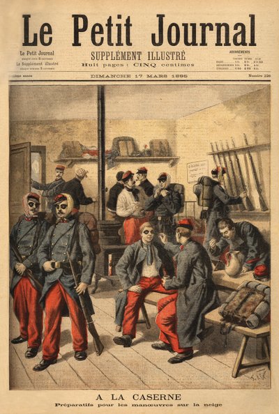 Lumilenkkeihin valmistautuvia sotilaita ympäröi musta noki sen sijaan, että he käyttäisivät laseja savulasien kanssa. Kaiverrus "" Le petit Journal" -julkaisussa 17/03/1895. Selvan kokoelma. tekijältä Unknown artist