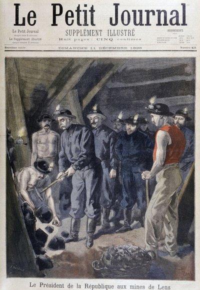 Tasavallan presidentti Jean Casimir-Perrier (Casimir Perrier, Casimir Perrier, Casimir Perrier) kaivostyöläisten ympäröimänä Lensin kaivoksilla, "" Le petit journal""" 11. joulukuuta tekijältä Unknown artist