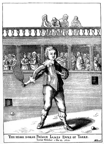 Prinssi James, Yorkin herttua (1633-1701) pelasi palmupeliä, hän palasi myöhemmin Englannin James II:na (James II Stuart) - Joseph Strutin teoksessa "Englannin kansan urheilu ja harrastus", toim. 1801 tekijältä Unknown artist