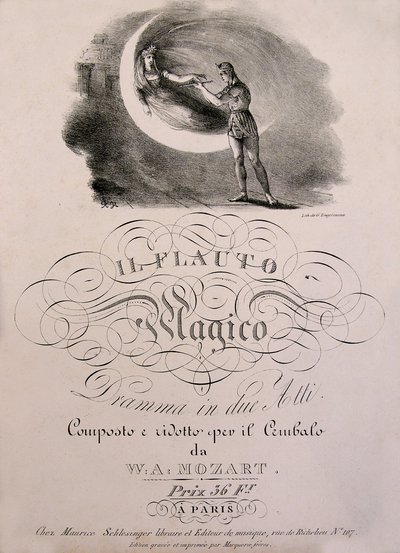 Prinssi Tamino vastaanottaa Yön Kuningattaren lumotun huilun, kansikuvan W.A. Mozartin (1756-1792) "" Lumottu huilu" -osiokirjasta (Die Zauberflote) (1791). Leonard de Selvan kokoelma. tekijältä Unknown artist