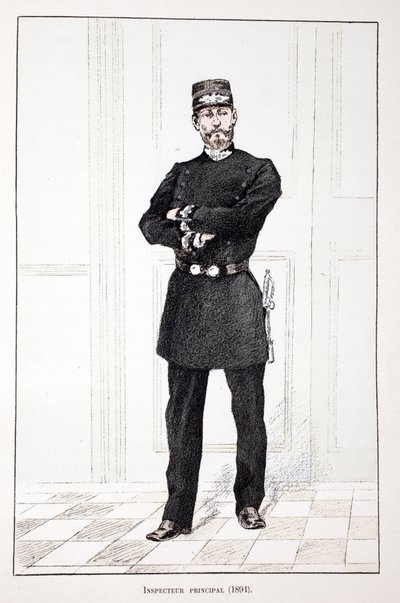 Ylitarkastaja (1894). Etsaus väreillä, havainnollistava "" Rauhanturvaajien joukkojen historia"" -kirja, joka on julkaistu Louis Lepinen (1846-1933) Seinen poliisin prefektin suojeluksessa, Alfred Rey (1864-?) ja Louis Feron (1862). -?) tekijältä Unknown artist