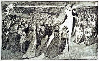 Kulkue pyhiinvaelluksen aikana Lourdesissa, Theophile Alexandre Steinlenin (1859 - 1923) allegoria, joka havainnollistaa Emile Zolan (1840-1902) "Lourdes" -kappaletta "Gil Blas illustriousista" tekijältä Unknown artist