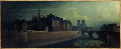 Quai des Orfêvres, Pont Saint-Michel, Notre-Dame, noin 1860; yövaikutelma, nykyiset 1. ja 4. arrondissementit, vuosien 1855 ja 1865 välillä (öljy kankaalle). tekijältä Unknown artist