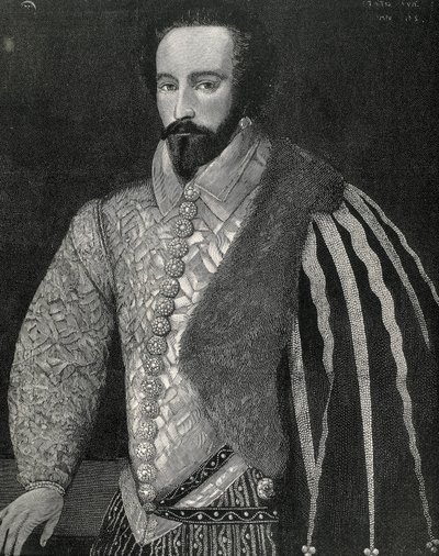 Raleigh, Sir Walter (1554-1618). Englantilainen merimies, tutkimusmatkailija ja välittäjä. Sir Walter Raleighin muotokuva. Kaiverrettu vuonna 1891 nimettömän alkuperäiskuvan mukaan, jota säilytetään Lontoon kansallisessa muotokuvagalleriassa. Kaiverrus. tekijältä Unknown artist