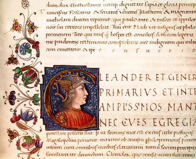 Aleksanteri Suuren (356-323 eKr.) Makedoinan kuninkaan esitys Pienoiskuva, joka on otettu Plutarkoksen (46-125 jKr.) "" Paralleles of maineikkaiden miesten" -kirjasta (MS. XV. 1) 1400-luku. Cesena, Biblioteca Malatestiana tekijältä Unknown artist
