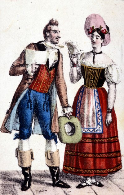 Dulcamaren ja Alinan (Frezzolini ja Heinefetter) esittäminen Gaetano Donizettin oopperassa "Elixir d