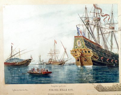 Esitys italialaisista laivoista, galerereista, 1500-luvun brigantiinista (akvarelli tekijältä Unknown artist
