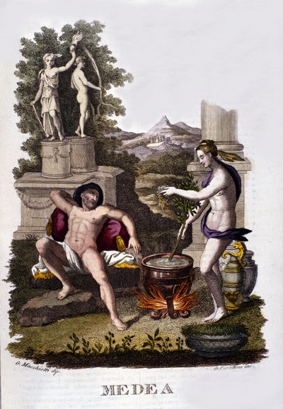 Edustus Medeasta valmistelemassa kirouksiaan argonautien syklin jälkeen. Kaiverrus 1800-luvulta. tekijältä Unknown artist