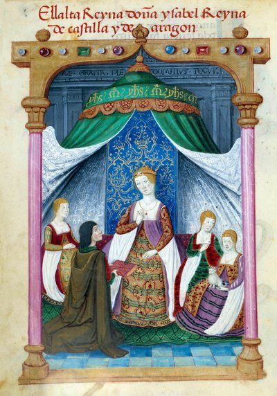 Edustus Portugalin kuningatar Isabellasta Aragonian Isabellasta (1271-1336), jota ympäröivät hänen toverinsa ja Pedro Marcuello, joka tarjoaa hänelle kirjansa. Käsikirjoitussivu otettu Espanjan kuningatar Joan Follen (1479-1555) hartauskokoelmasta. tekijältä Unknown artist