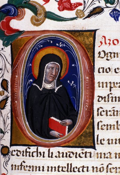 Assisilaisen Saint Clairen (Chiara) (n. 1192-1253), klaarikunnan perustajan, edustaja. Miniatyyri 1400-luvun käsikirjoituksesta. tekijältä Unknown artist