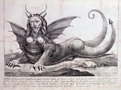 Kuvaus perun järvestä löydetystä harpiasta, hirviöstä: siinä on ihmisen kasvot, sarvet, lohikäärmeen siivet, leijonan harja, matelijan ruumis, naisen rinnat (painos 1784) tekijältä Unknown artist