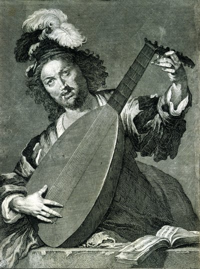 Edustus luutunsoittimesta, joka virittää instrumenttiaan. tekijältä Unknown artist