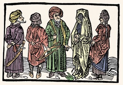 Edustus tattari. Miehiä, joilla on kädet kietoutuneet päät ja verhottuja naisia. 1400-luvun ksylografia tekijältä Unknown artist