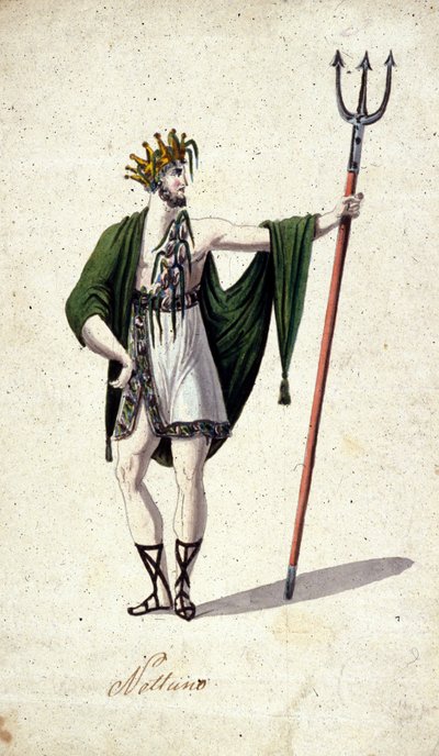 Edustus roomalaisesta jumalasta Neptunuksesta, joka pitelee kolmihamppaa (tunnistaa kreikkalaisen Poseidonin). Akvarelli 1700-luvulta. tekijältä Unknown artist
