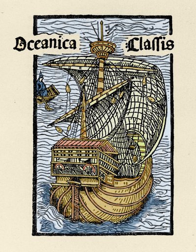 Christopher Columbuksen (1451-1506) karavellin Santa Maria esitys. Kaiverrus kirjasta "De insulis in mare Indico super inventis", Bale 1493-1494 (Latinalainen käännös Kolumbuksen raportista Espanjan kuninkaalle). tekijältä Unknown artist