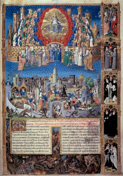 Esitys Jumalan kaupungista (celeste) ja ihmisten kaupungista (maallinen) Miniatyyri otettu pyhän Augustinuksen Hippolaisen (354-430) teoksesta "" De civitate dei" (Jumalan kaupunki), kääntäjä Raoul de Presles noin 1480. Maconin kaupunginkirjasto tekijältä Unknown artist