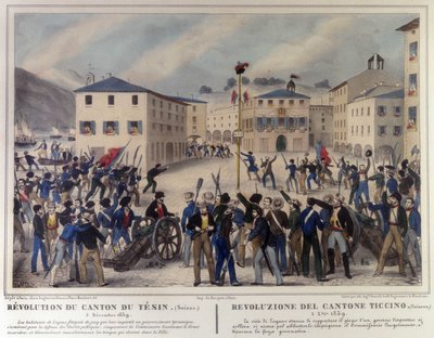 Ticinon kantonin vallankumous Sveitsissä 5. joulukuuta 1859. Kaiverrus 1800-luvulta. tekijältä Unknown artist