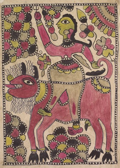 Ratsastaja ja nelijalkainen nautaeläin mauve, chartreuse ja musta paletti tekijältä Unknown artist