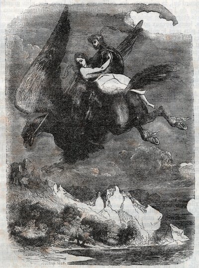 Roger (Ruggero, Ruggiero) ja Angelique (Angelica) virtahepolla - kaiverrus vuodelta 1851 Ludovico Ariostosta "" Roland furieux"" (1500-luku), joka tunnetaan nimellä Ariosto - Tressanin kreivin italiasta kääntämä painos ja julkaisee tekijältä Unknown artist