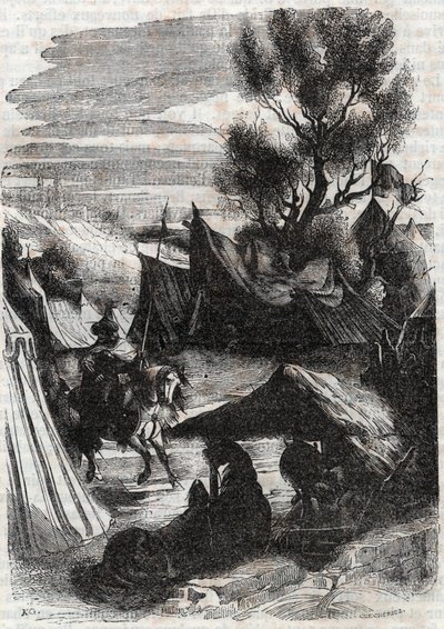Roland saraseenileirillä - kaiverrus vuodelta 1851 kirjasta "" Furious Roland"" tekijältä Unknown artist