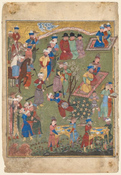 Kuninkaallinen vastaanotto maisemassa, vasen folio Firdausin (persialainen, noin 940–1019 tai 1025) Shahnaman (kuninkaiden kirjan) kaksoisetulevystä tekijältä Unknown artist