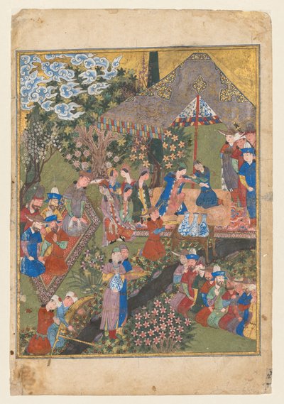 Kuninkaallinen vastaanotto maisemassa, oikea folio Firdausin (Persia, noin 940–1019 tai 1025) Shahnaman (kuninkaiden kirjan) kaksinkertaisesta etureunasta (käänteinen) tekijältä Unknown artist