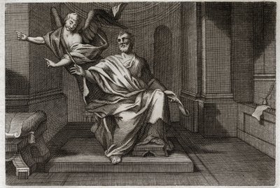 Royaumont Raamattu, Uusi testamentti: Evankelista Pyhä Matteus enkelin kanssa. Kuvitus vuodelta 1811. tekijältä Unknown artist