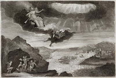 Royaumont Bible, Uusi testamentti: Ilmestyskirjan viides ja kuudes trumpetti. Heinäsirkat ja neljä enkeliä. Kuvitus vuodelta 1811. tekijältä Unknown artist