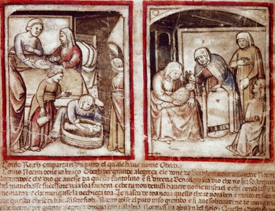 Ruth synnyttää Obedin (Obeth), Boaasin (Boaz) pojan pienoismalli Codex 212:sta (tai Padovan Codexista tai Padovan Raamatusta) 1390-1400 Rovigo, Accademia dei Concordi tekijältä Unknown artist