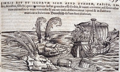 Merimiehet heittävät tynnyreitä mereen häiritäkseen takaa-ajoa olevia hirviöitä. Kaiverrus "Historia Animalium", kirjoittanut Conrad Gesner (1516-1565), Tiguri tekijältä Unknown artist