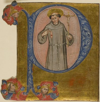 Pyhä Franciscus historiallisessa alkukirjaimessa "P" tekijältä Unknown artist