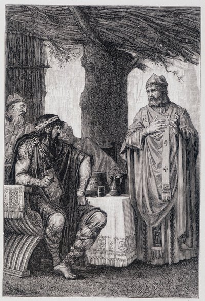 Saint Gregoire of Tours (538-594) vastustaa Chilperic I:tä (539-584) Neutrian kuningasta. tekijältä Unknown artist