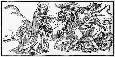 Pyhä Martta ja Taraski - Kaiverrus "Leben der Heiligen - sommerteil" (Pyhän kirja), jonka on kirjoittanut Jacobus (James) Voraginesta (1228-1298). Lyypekki 1488. tekijältä Unknown artist