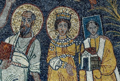 Pyhä Paavali, Saint Cecile ja Saint Pascal Yksityiskohta Kristuksesta ja kuudesta pyhästä. Nimetön mosaiikki, 821. Rooman basilika di Santa Cecilia Trasteveressa tekijältä Unknown artist