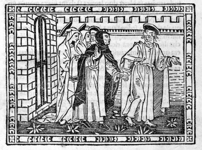 Pyhä Pietari kädestä pitäen Savonarola (Jerome Savonarola) (1452 - 1498) - "" Compendium of Revelatione"", inkunaabuli 23.4.1496. tekijältä Unknown artist