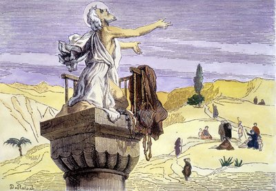 Pyhä Simeon stylyte saarnaa pylväällä. tekijältä Unknown artist