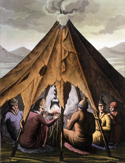 Saamelaiset: Pohjoismaiden (Norja, Suomi, Ruotsi ja Venäjä) mailla asuvat alkuperäiskansat kokoontuvat tulen ympärille teltan alle. Kaiverrus 1800-luvulta tekijältä Unknown artist