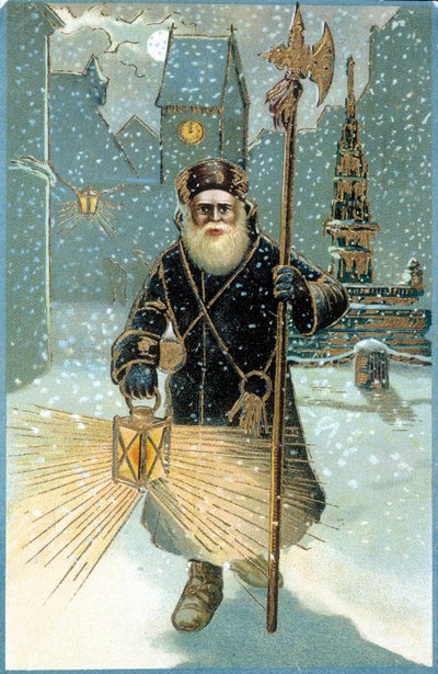 Joulupukki yöllä lyhdyn kanssa. 1800-luvun postikortti. tekijältä Unknown artist