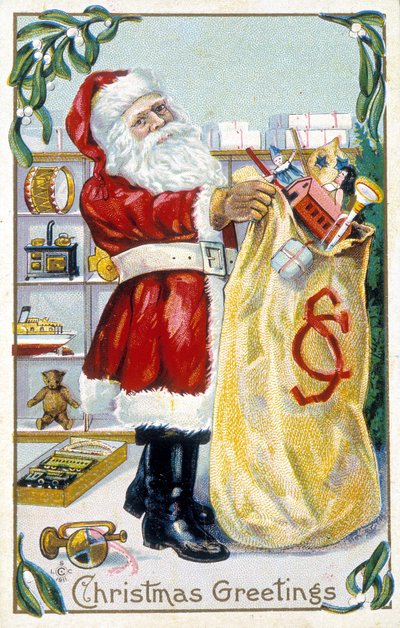Joulupukki valmistaa lahjoja - joulukortti. Amerikkalainen onnittelukortti sd. 1800-luvun lopulla. tekijältä Unknown artist