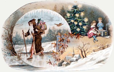 Joulupukki tuo lahjoja lapsille. kromolitografia 1800-luvun lopulta. tekijältä Unknown artist