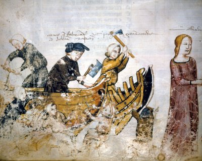 Laivanrakennuksen kohtaus 1200-luvulla. tekijältä Unknown artist