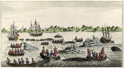 Valankalastuskohtaus Grönlannissa 1700-luvulla, nimetön suosittu printti ajalta tekijältä Unknown artist