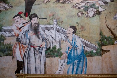 Kiinan arjen kohtauksia, kiinalaisen tapetin yksityiskohta, kiinalainen kaappi, metsästysasunto, kirjoittanut Filippo Juvarra (1678-1736), Stupinigi, Piemonte, Italia tekijältä Unknown artist